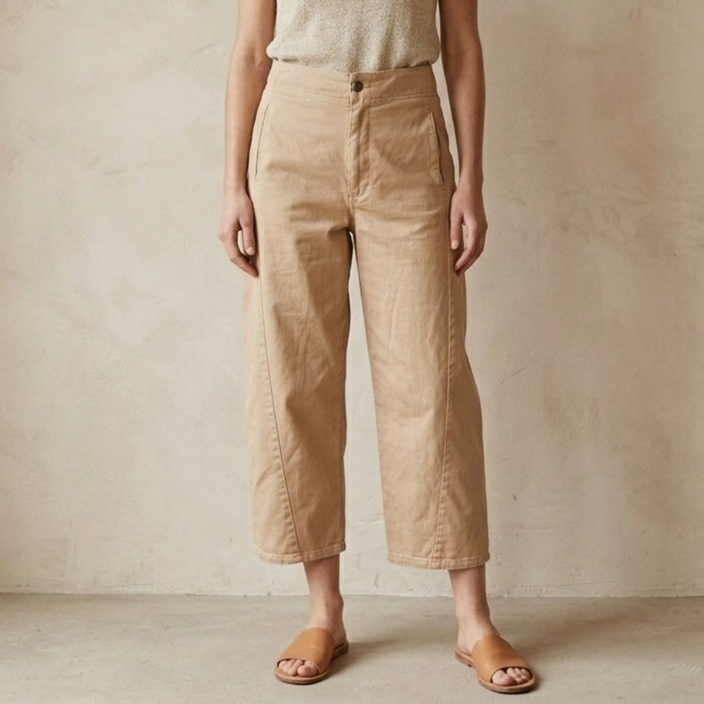 Roucha Women New Paya Denim Pants CC Large Tan Beige Cropped Wide Leg Minimalist